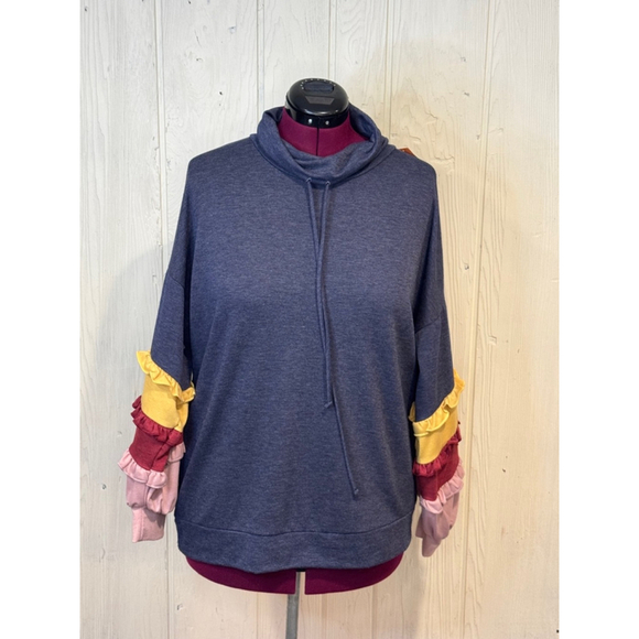 Raw Edge Long Sleeve Cowl Neck Drawstring Top, Large, Navy - Picture 1 of 7